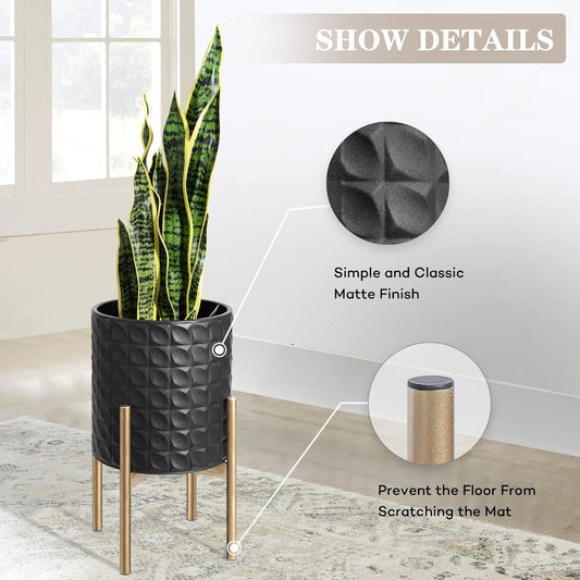 Oakrain Planters for Indoor Plants, Set of 2 Decorative Metal Planter Pots, Mid Century Modern Planter with Stand for Living Room, Office, Garden or Balcony, Black, 8"&10"
