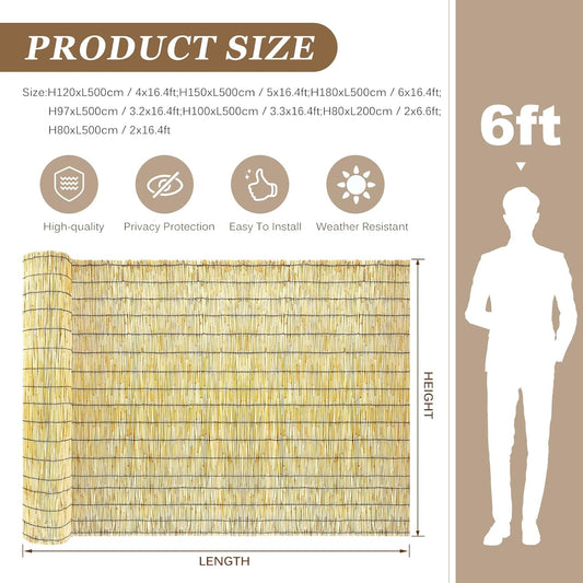Natural Reed Fencing Rolls: Privacy Bamboo Fence 3/4/5/6ft High Roll Reed Screen, Decorative Bamboo Fencing for Outdoor Balcony Patio Garden Backyard,with Cable Zip Ties (Nature, 5x10ft)