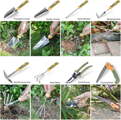 Garden Tool Set, WisaKey 9 Piece Stainless Steel Heavy Duty Gardening Hand Tools with Handle, Durable Garden Tool Bag, Gardening Gifts for Women and Men White Elephant Gifts