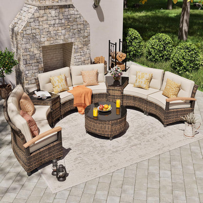 9 Piece Outdoor Patio Furniture Set, Half-Moon Curved Sectional Sofa Rattan Conversation Set with Wood Armrests, Coffee Table & Side Table（Brown）