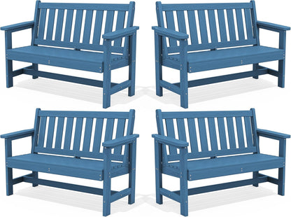 SERWALL Outdoor Bench, HDPE Outdoor Benches Weatherproof, 2-Person Garden Bench with 660 lbs Weight Capacity, Patio Benches for Outdoors, Garden, Porch, Backyard and Park, Navy, 4 Pack