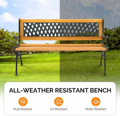 VINGLI Outdoor Bench Metal Garden Bench, Wood Patio Benches w/PVC Backrest Cast Iron Love Seat Park Benches for Porch Yard (Diamond)