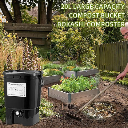 20L Bokashi Bucket with Air Sealing Lid, 5.28 Gallon Compost Bin, Kitchen Composter with Bran, Kitchen Compost Pail, ecocultivatify Bokashi Kit Set with Starter(Black)
