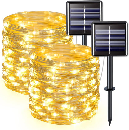 JMEXSUSS 2 Pack Solar String Lights Outdoor Waterproof, Each 33FT 100 LED Warm White Christmas Lights, Waterproof 8 Modes Copper Wire Solar Fairy Light for Outside Patio Tree Yard Garden Decorations