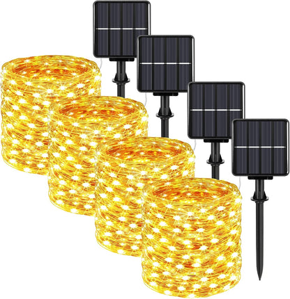 Extra-long 288FT 800LED Solar Fairy String Lights, 4-Pack 72FT 200 LED Outdoor Twinkle Lights Waterproof, 8 Lighting Modes, Warm White Copper Wire Lights for Deck Backyard Tree Garden Fence Pool Party
