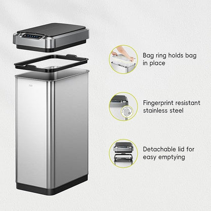 EKO Phantom-T 50 Liter / 13.2 Gallon Vertical Motion Sensor Trash Can, Brushed Stainless Steel Finish
