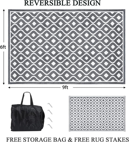 Pauwer Waterproof Outdoor Rug 6x9, Reversible Plastic Straw Patio Camping Rug, Indoor Outdoor RV Mat Carpet for Deck, Camper, Porch, Balcony, Backyard, Picnic, Geometric Grey