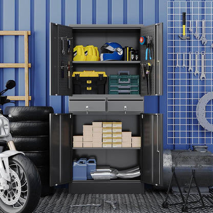 Garage Storage Cabinet, Metal Storage Cabinet with 2 Drawers and 2 Adjustable Shelves, Metal Lockers with Pegboards for Homes, Offices, Kitchens, Schools and Pantries