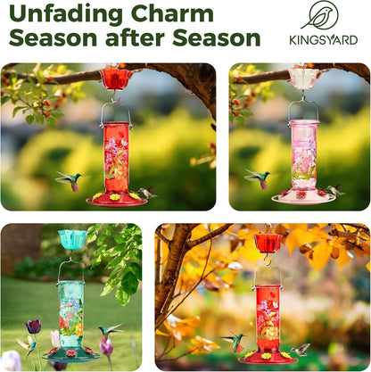 Kingsyard Hummingbird Feeder for Outdoor Hanging - Charming Patterned Glass Humming Bird Feeder with 6 Feeding Ports and Ant Moat, Ideal Gift Choice for Bird Lovers, Red