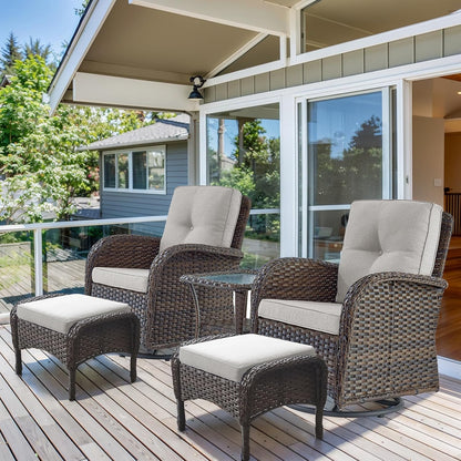 HUMMUH 5 Pieces Wicker Patio Furniture Set,Outdoor Swivel Gliders Rocker,Patio Ottomans,Glass Top Side Table,Outdoor Conversation Set for Porch Deck Backyard Poolside
