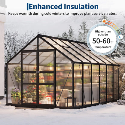 8x12 FT Polycarbonate Greenhouse,Large Walk-in SturdyOutdoor Aluminum Frame Greenhouse with Roof Vent, Lockable Push Door,for Garden, Backyard, Patio & Lawn(Black)