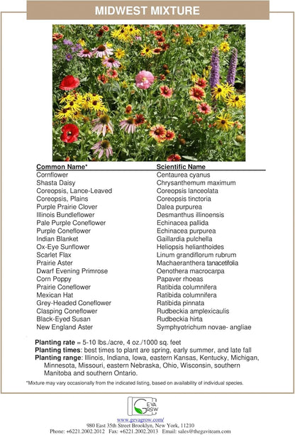 Midwest Wildflower Seeds Regional Mix - Organic, Non-GMO - 100% Pure Seed - 21 Different Wildflowers Seeds of Annual and Perennial, 1 LB Tub