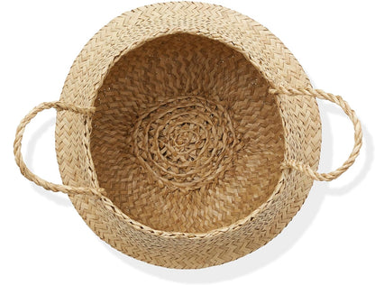 Casafield Seagrass Belly Storage Basket Planter with Handles - Medium, Natural Woven Wicker Indoor Plant Pot Cover for Plants and Trees