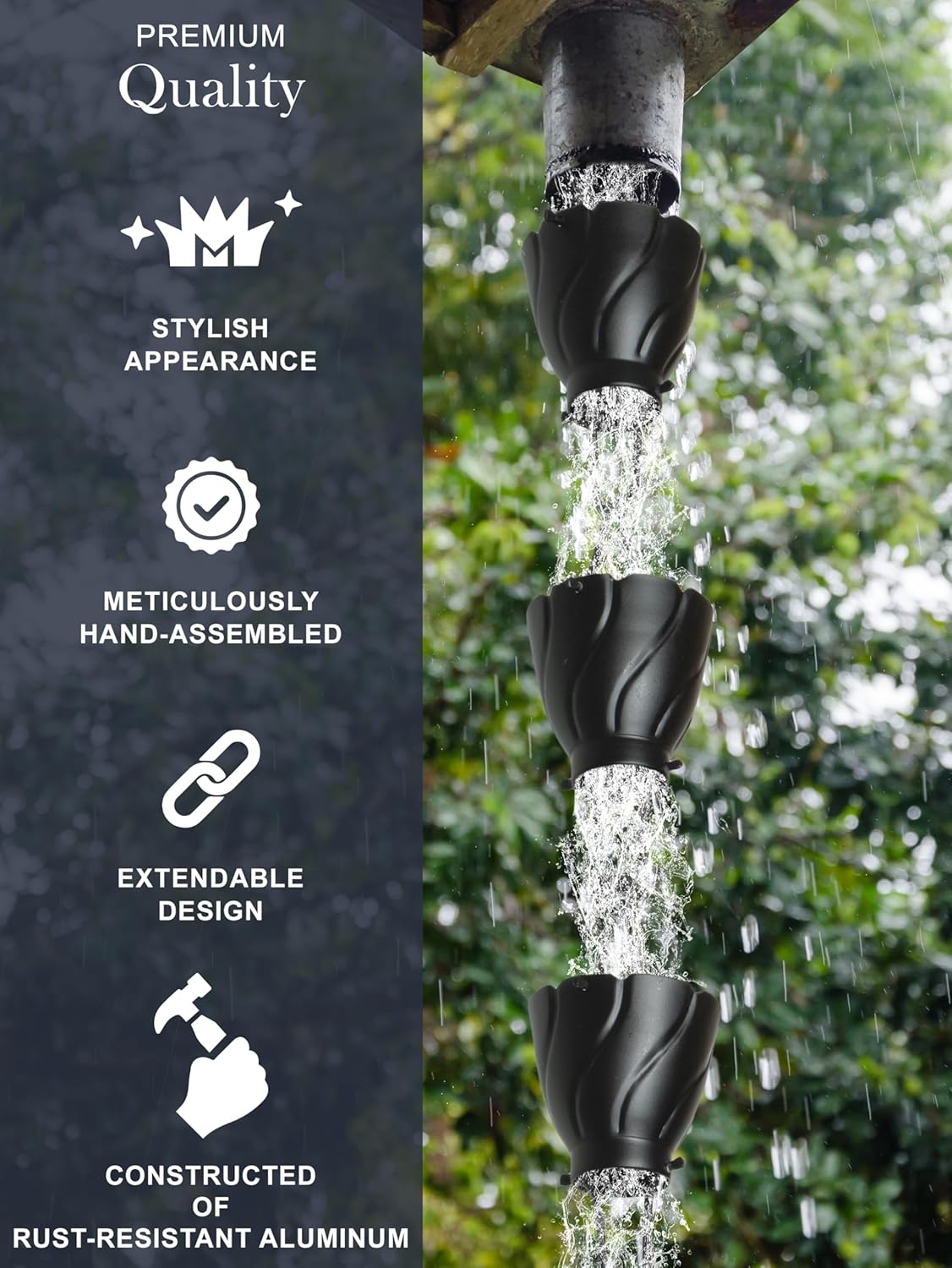 Monarch Rain Chains Aluminum Akira Rain Chain, 8.5 ft Black Powder Coated Aluminum Decorative Rain Catcher Chain for Gutters, Black Aluminum Rain Gutter Replacement Downspout