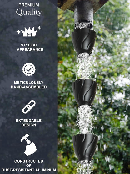 Monarch Rain Chains Aluminum Akira Rain Chain, 8.5 ft Black Powder Coated Aluminum Decorative Rain Catcher Chain for Gutters, Black Aluminum Rain Gutter Replacement Downspout