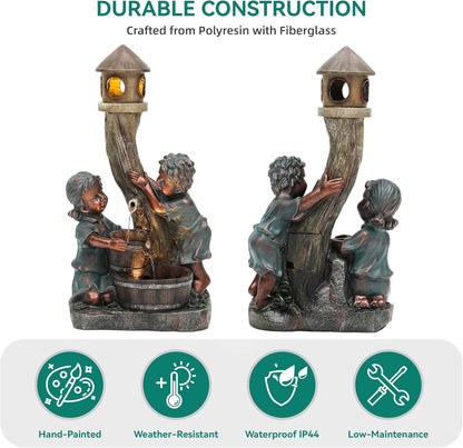 31" Resin Outdoor Water Fountain with LED Lights, Boy and Girl, Pagoda and Wood Barrel Garden Fountain, 3-Tier Cascading Waterfall for Tranquil Backyard, Patio or Porch, Faux Bronze Finish