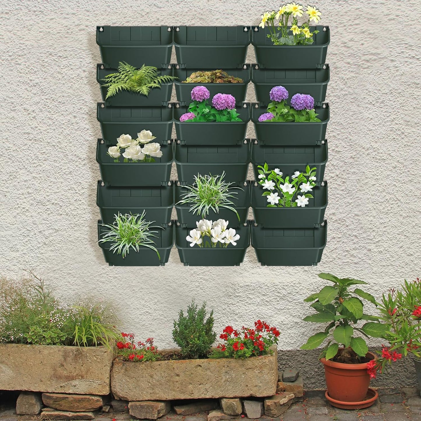 18 Pack Self Watering Wall Mounted Planter, Indoor and Outdoor Vertical Planter Wall Mounted Planter for Patio Outdoor Decor with Drainage Holes, Vertical Garden Planters for Indoor Plants- Army Green