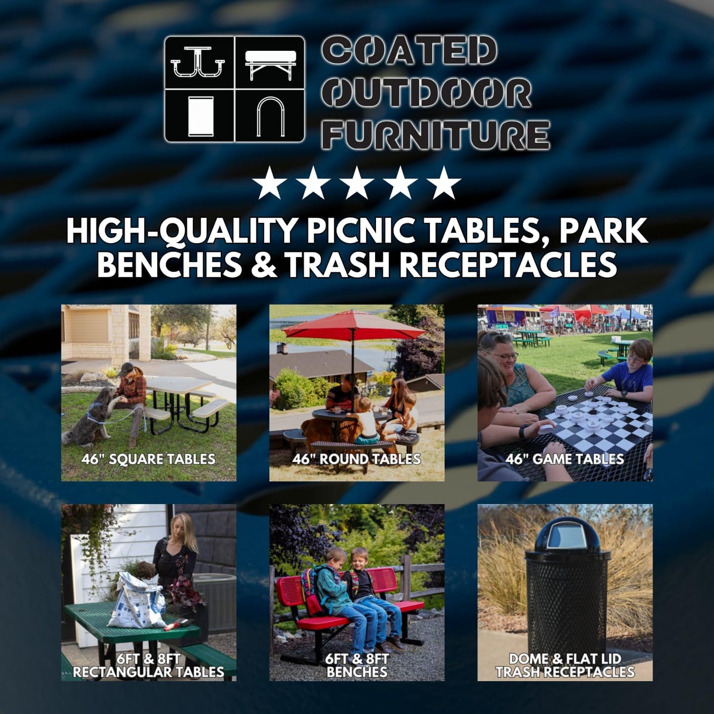 Coated Outdoor Furniture Heavy-Duty Outdoor Bench Thermoplastic Coated, Expanded Metal, Commercial-Grade Seating, Made in America (Surface with Back, 6 Ft, Dark Green)