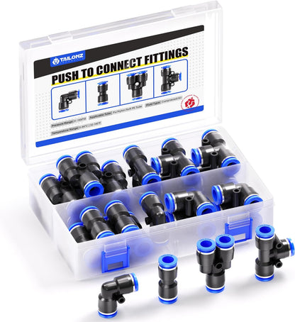 TAILONZ PNEUMATIC 3/8 inch od Push to Connect Fittings Pneumatic Fittings kit 5 Spliters+5 Elbows+5 tee+5 Straight (20 pcs)