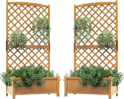 HAPPYGRILL Raised Garden Bed with Trellis, 71" Planter Raised Bed with Drainage Holes, Freestanding Garden Planter for Vine Climbing Plants, Wooden Planter Box for Yard Balcony(2, Yellow)