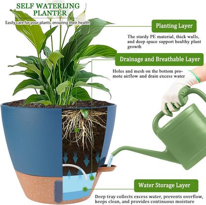 12/10/8 inch Plant Pots, Large Plastic Self Watering Planters with Drainage Holes, Deep Reservoir, Water Level Indicator, Modern Decorative Flower Pots for Indoor Outdoor Plants (Navy Blue, 12/10/8)