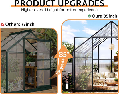 Jocisland 8x8x7 FT Polycarbonate Greenhouse for Outdoors with 2 Windows, Dual Swing Doors, Aluminum Walk-in Frame, Heavy Duty Garden Greenhouse for Backyard, Black
