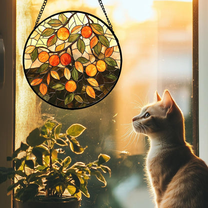 Stained Glass Suncatcher, Orange Green Fruit Tree Sun Catcher Landscape Stain Glass Window Hanging Decoration Mother's Day Birthday Gifts for Women Men Mom Nana 6.3 in