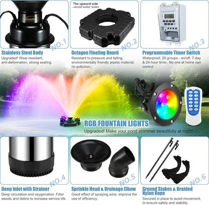Goldlife Pond Fountain Aerator, F3 With 4 RGB Lights, 1HP 750W 110V Stainless Steel Floating Fountain With 100FT Power Cord, Octagon Aerating Fountain Pump for Small Large Pond Lake Pool Bay Fish farm
