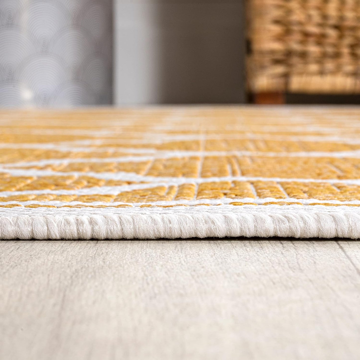 Eyely BMS109F-5SQ Santa Monica Trebol Moroccan Trellis Textured Weave Indoor/Outdoor Area Rug Coastal;Bohemian, Bedroom, Backyard, Patio, Easy-Cleaning, Non-Shedding, 5' Square, Yellow/Cream