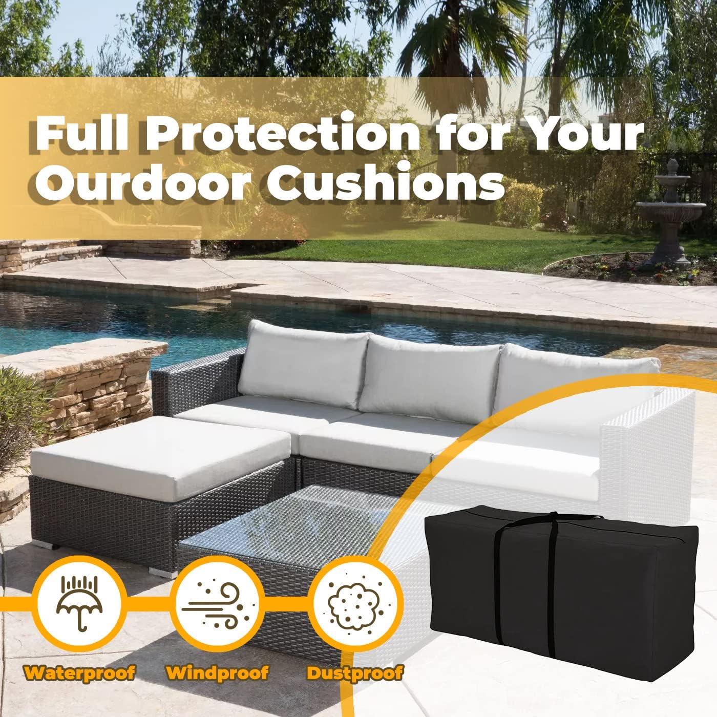 Patio Cushion Storage Bag 68 Inch Extra Large Waterproof Outdoor Pillow Storage Cover for Garden Furniture Cushions Protection Water Resistant, Black
