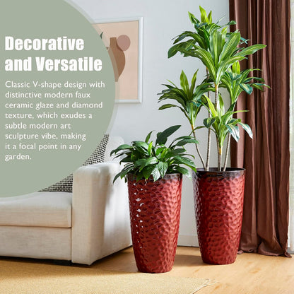 Glitzhome Set of 2 Oversized Plastic Planters for Plants,23.75" H Large PP and Stone Honeycomb Textured Gradient Red Planter Tall Planter Pot with Drainage Hole for Outdoor Front Porch and Patio Deck