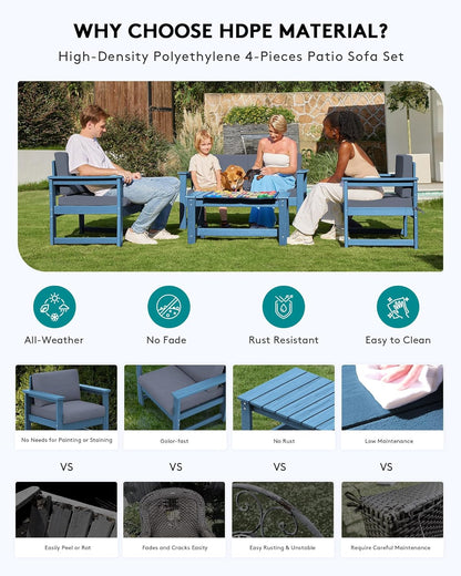 SERWALL 5 Pieces HDPE Outdoor Sofa Set with Cushions, All Weather Couch Conversation Set, Loveseat Social Furniture Chairs with Coffee Table, Blue Frame with Grey Cushions