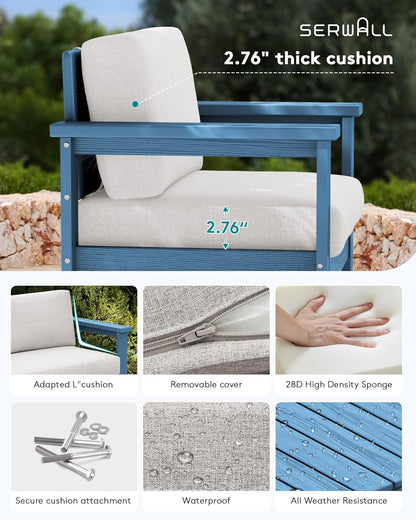 SERWALL 3 Pieces HDPE Outdoor Sofa Bistro Set with Cushion, Patio Outdoor Furniture Sofa Sets with Porch Chairs and Coffee Table, Blue Frame/Khaki Cushion