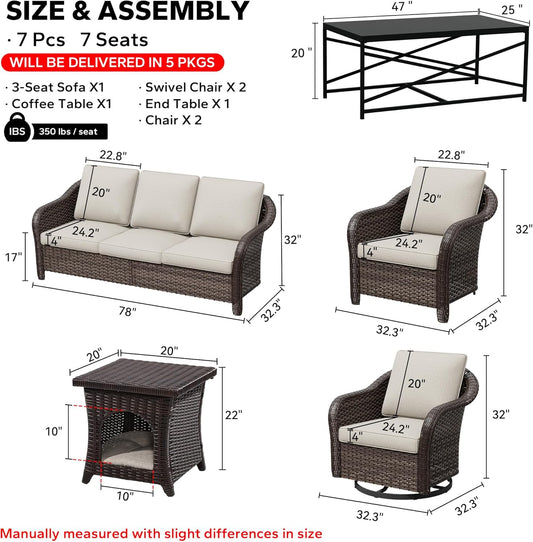 7 Pieces Patio Conversation Set, 78" Wicker 3-Seat Couch with Washable Cushions, 2 Glider Swivel Rocker Chairs, 2 Armchairs, Coffee Table, Rattan Cat Bed End Table, Sofa for Lawn (Beige)