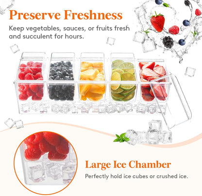 Lifewit 3 Pack Ice Chilled Condiment Caddy with 5 Containers(2.5 cup), Condiment Server with Separate Lids, Serving Tray Platter for Bar Accessories, Fruit, Salad, Taco, Party Garnish