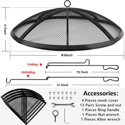 Fire Pit Spark Screen, Fire Pit Screen 30 Inch Round with Handle & Poker, Collapsible Heavy Duty Mesh Fire Pit Cover Fire Pit Lid for Outdoor/Patio/Backyard/RV Camping/Beach