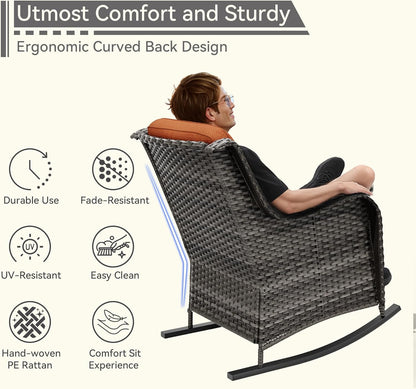 Outdoor Rocking Chair of 2, Wicker Patio Rocker Chair for Yard, Porch, Mixed Brown Grey Rattan, Orange Cushions