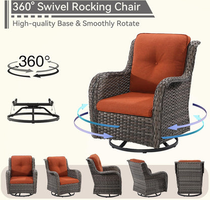 5 Pieces Outdoor Patio Furniture Set - Conversation Set Includes Wicker Swivel Rocker Chairs Set of 2, 2 Ottoman, 3-Seat Sofa, Suitable for Porch, Yard, Mixed Brown Rattan, Orange