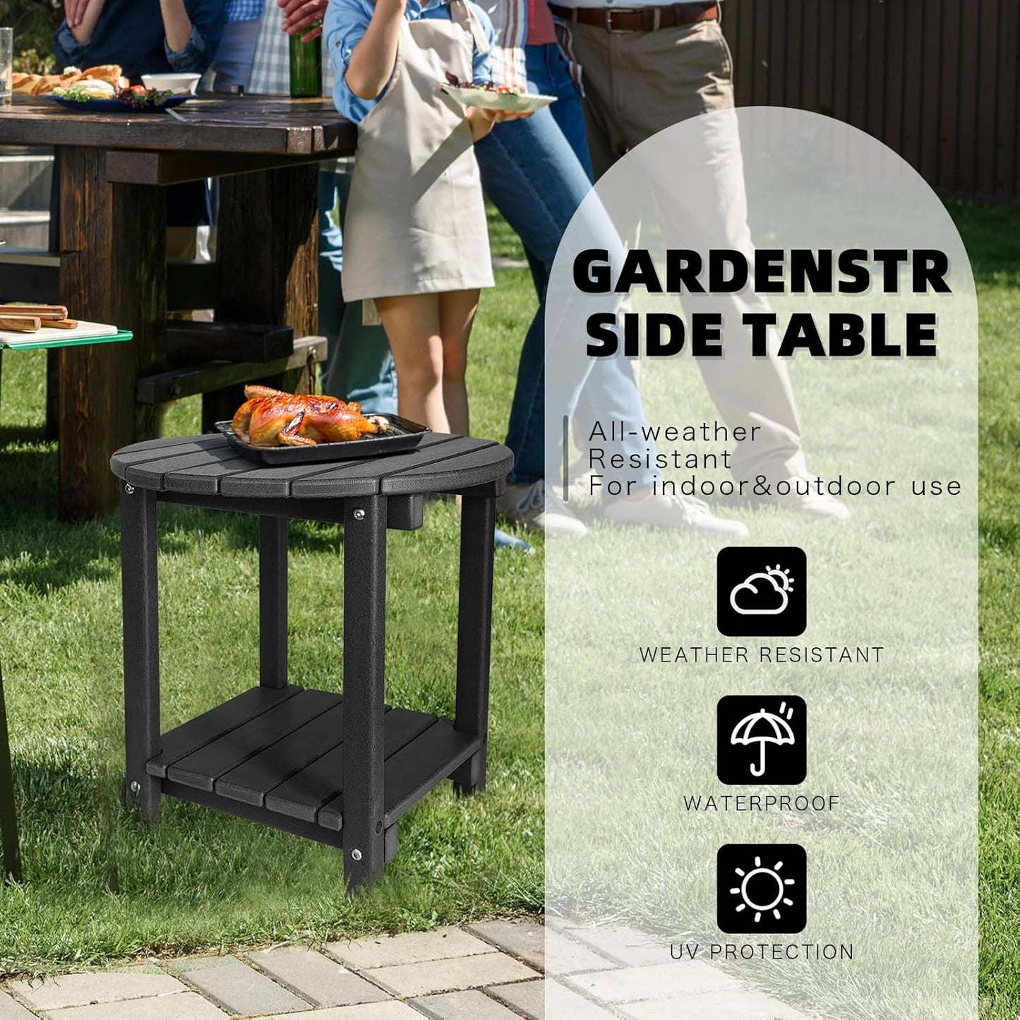 Adirondack Round Outdoor Side Table 2-Tier Storage Patio Side Table, HDPE End Tables for Backyard Pool Porch Garden Lawn (Black)
