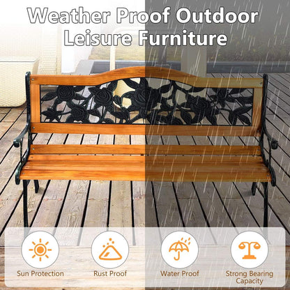 S AFSTAR Outdoor Garden Bench, Patio Bench with Large Rose Cast Backrest & Comfort Wood Seat, 470 LBS Load Capacity, Weather Proof, Durable, Easy to Assemble