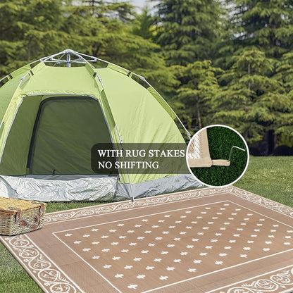 Pauwer Waterproof Outdoor Rug 8x10, Reversible Plastic Straw Patio Camping Rug, Indoor Outdoor RV Mat Carpet for Deck, Camper, Porch, Balcony, Backyard, Picnic, Bordered Beige