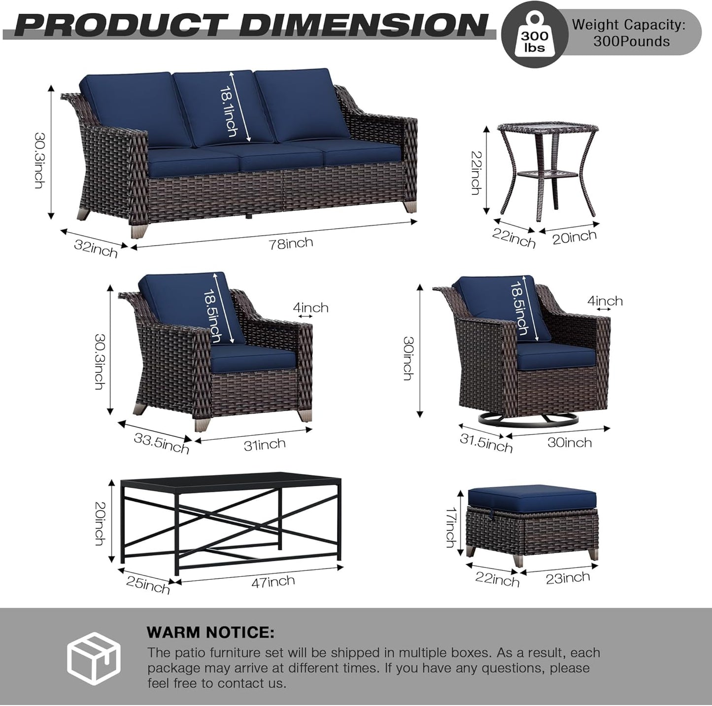 Joyside Wicker Patio Furniture Sets, 5 Pieces Upgraded Large Size Outdoor Furniture with Patio Dining Chairs, 3-Seat Sofa and Outdoor Ottoman, Thick Cushions, Wide Armrest