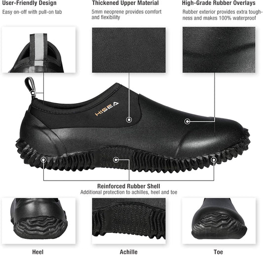 HISEA Unisex Waterproof Garden Shoes, Men's Rubber Rain Boots Women's Ankle Rain Shoes Neoprene Camp Booties Outdoor Slip-On Footwear for Gardening, Farming, Camping, Car Wash, Lawn Care and Yard Work