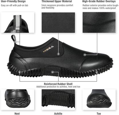 HISEA Unisex Waterproof Garden Shoes, Men's Rubber Rain Boots Women's Ankle Rain Shoes Neoprene Camp Booties Outdoor Slip-On Footwear for Gardening, Farming, Camping, Car Wash, Lawn Care and Yard Work