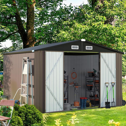 Aoxun 9.4x7.3x6.5 FT Outdoor Storage Shed, Garbage Can, Outdoor Metal Shed for Tool, Garden, Bike, Placed in Patio, Garden Brown Base Included