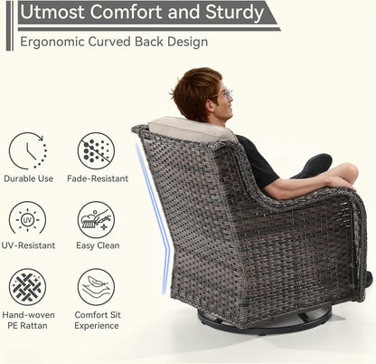5 Piece Outdoor Patio Furniture Set Wicker Conversation Set Swivel Rocking Chairs with Side Table and Ottomans for Backyard, Porch, Deck, Beige