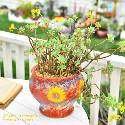 Sungmor Ceramic Hand Painted Succulent Flower Pots, 9 Inch Large Pottery Pots for Indoor Outdoor Plants, Decorative Ceramic Vase for Flower Arrangement Home Decor, Vintage Centerpieces Flowerpot
