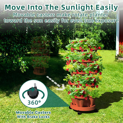 Strawberry Stackable Planter, Vertical Tower Garden, 5 Tiered Stacking Herb Vegetable Planters with Movable Casters and Bottom Saucer Indoor and Outdoor - Terra Cotta