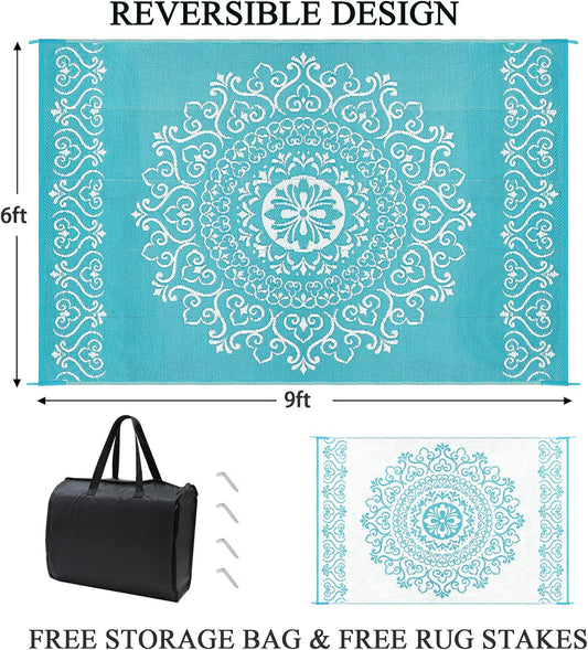 Pauwer Waterproof Outdoor Rug 6x9, Reversible Plastic Straw Patio Camping Rug, Indoor Outdoor RV Mat Carpet for Deck, Camper, Porch, Balcony, Backyard, Picnic, Floral Teal