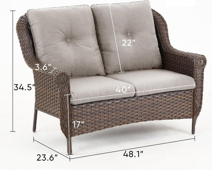 Patio Loveseat Outdoor Wicker Sofa - Heavy Duty All-Weather Brown Rattan 2-Person Sofas with High Back and Comfortable Thick Cushions for Garden Back Porch Poolside Apartment - Beige